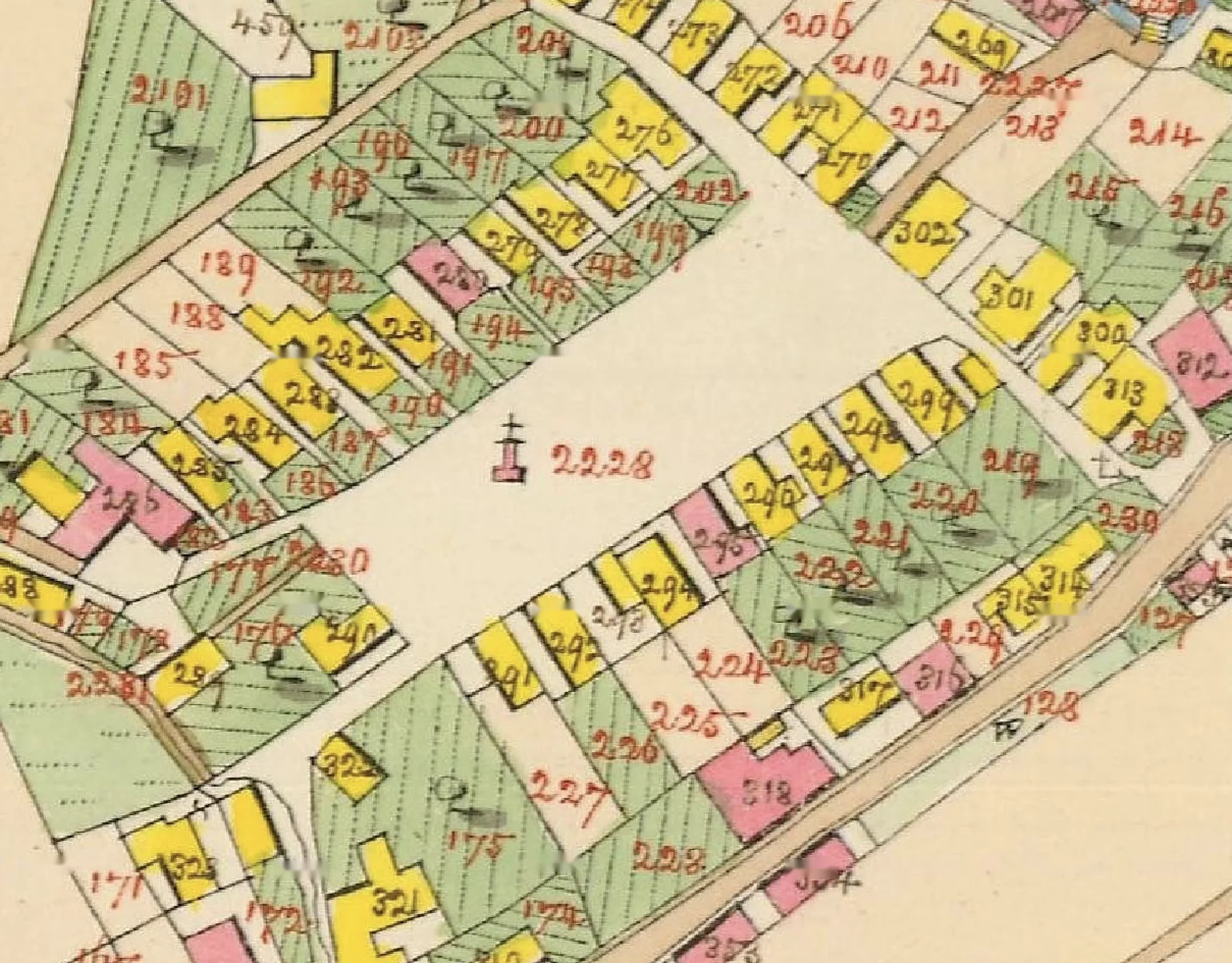 Historická katastrální mapa obce s vyznačenými parcelami